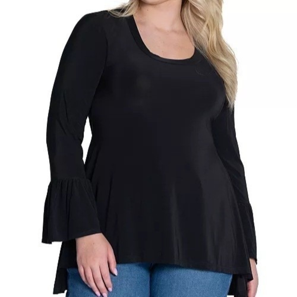 24Seven Comfort Apparel Long Bell Sleeve High Low Tunic Black Top Womens Size 3X